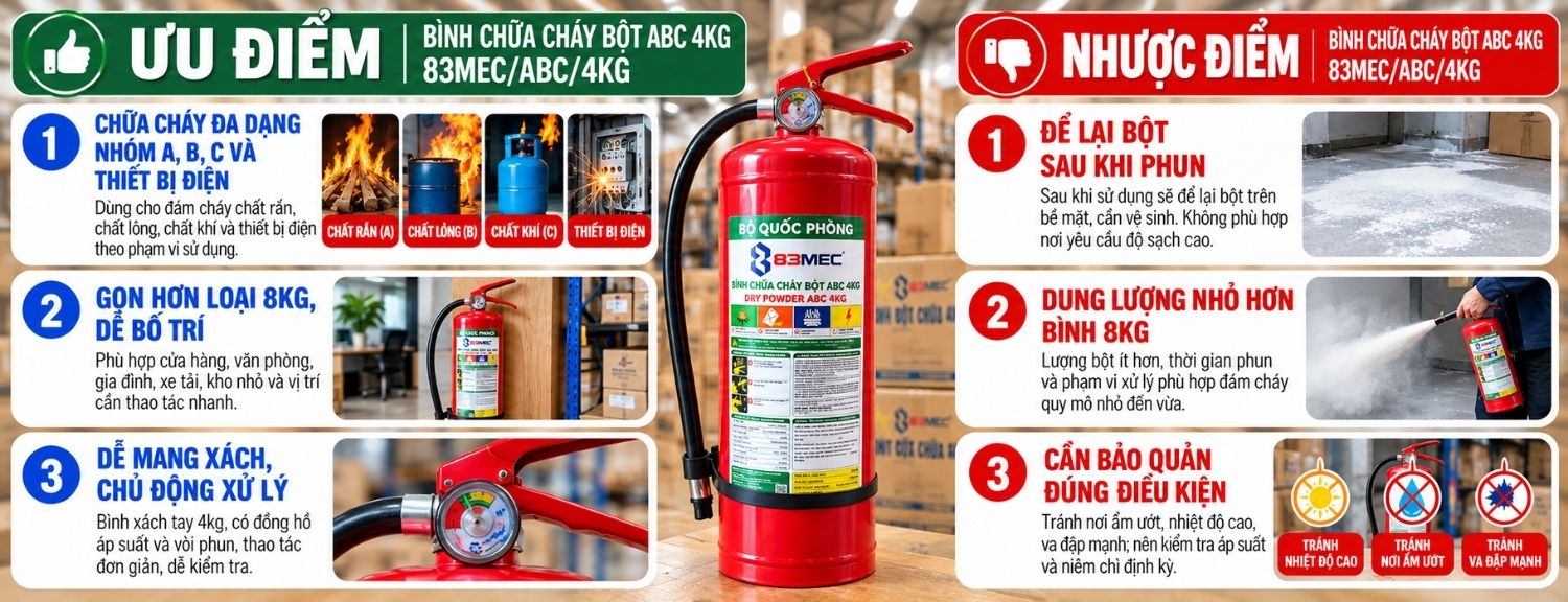 Ưu điểm và giới hạn bình chữa cháy bột ABC 4kg 83MEC