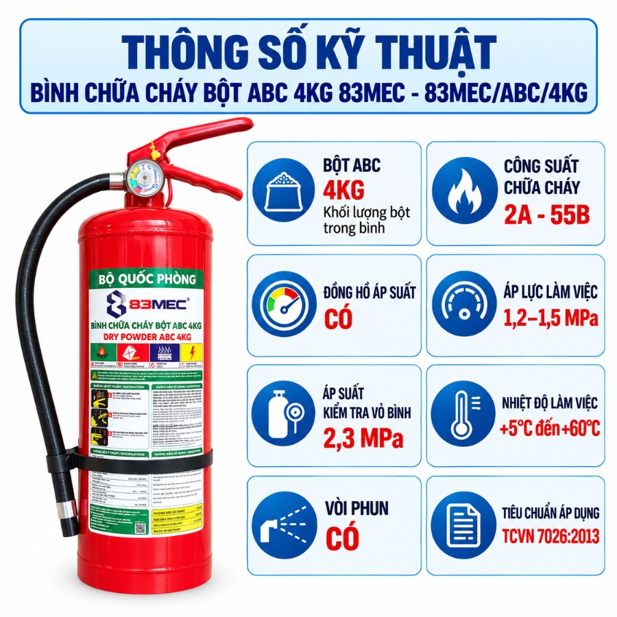 Bình chữa cháy bột ABC 4kg Bộ Quốc Phòng 83MEC/ABC/4KG