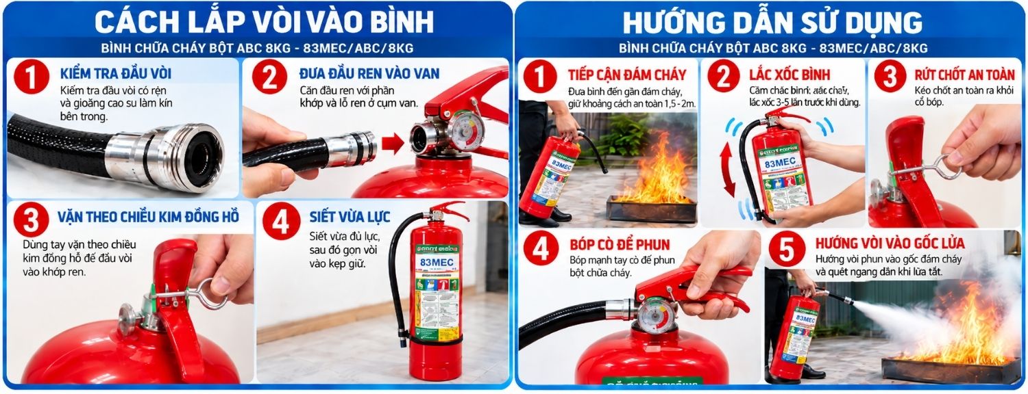 cách lắp vòi vào bình và hướng dẫn sử dụng bình chữa cháy bột ABC 8kg 83MEC