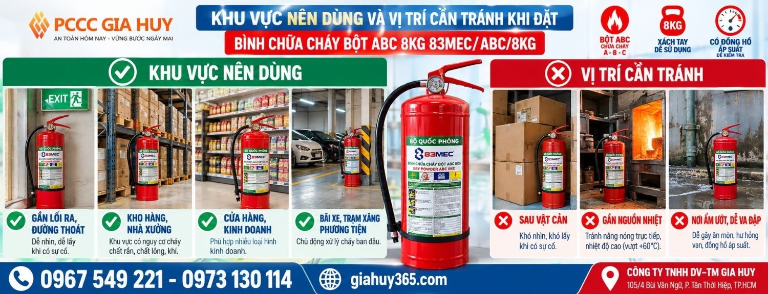  Khu vực phù hợp và vị trí cần tránh khi đặt bình bột ABC 8kg 83MEC