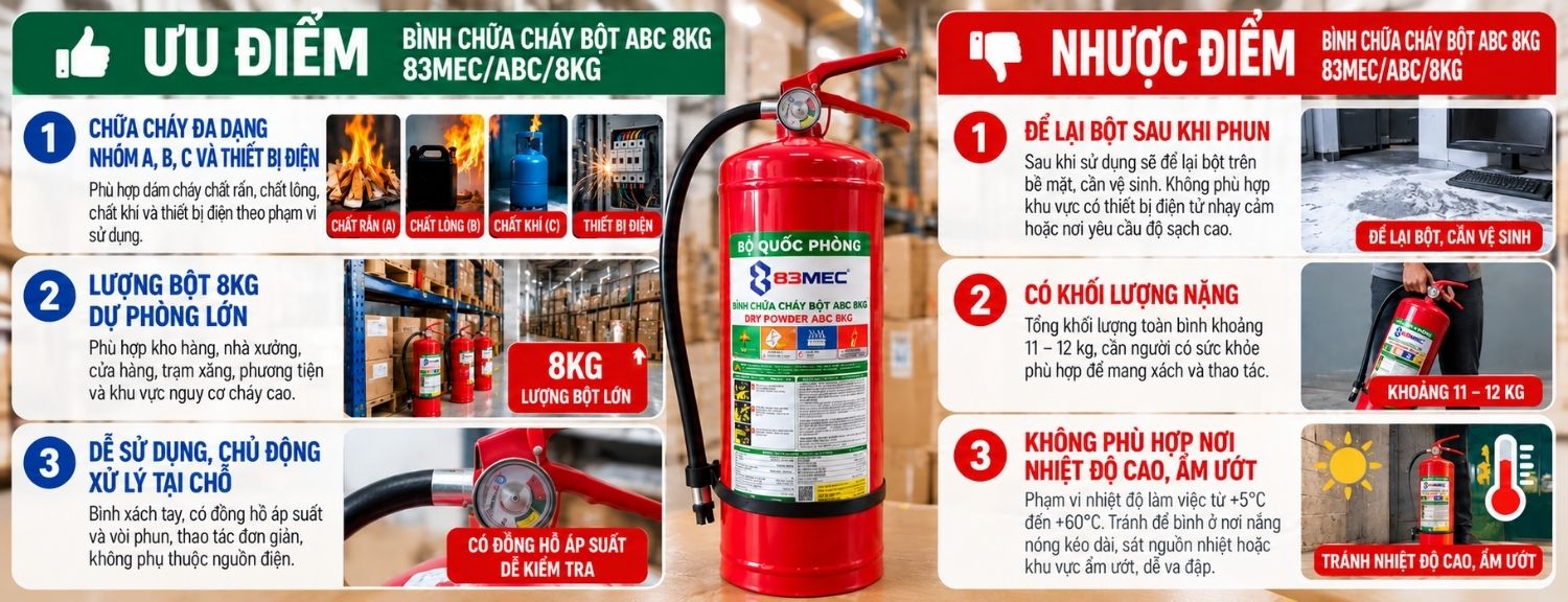 Ưu điểm và giới hạn bình chữa cháy bột ABC 8kg 83MEC