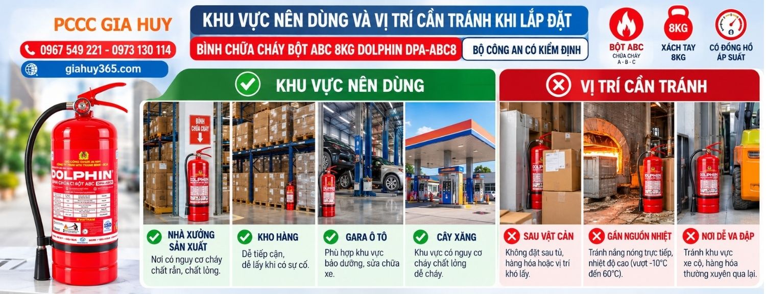 Khu vực phù hợp và vị trí cần tránh khi đặt bình chữa cháy Dolphin DPA-ABC8