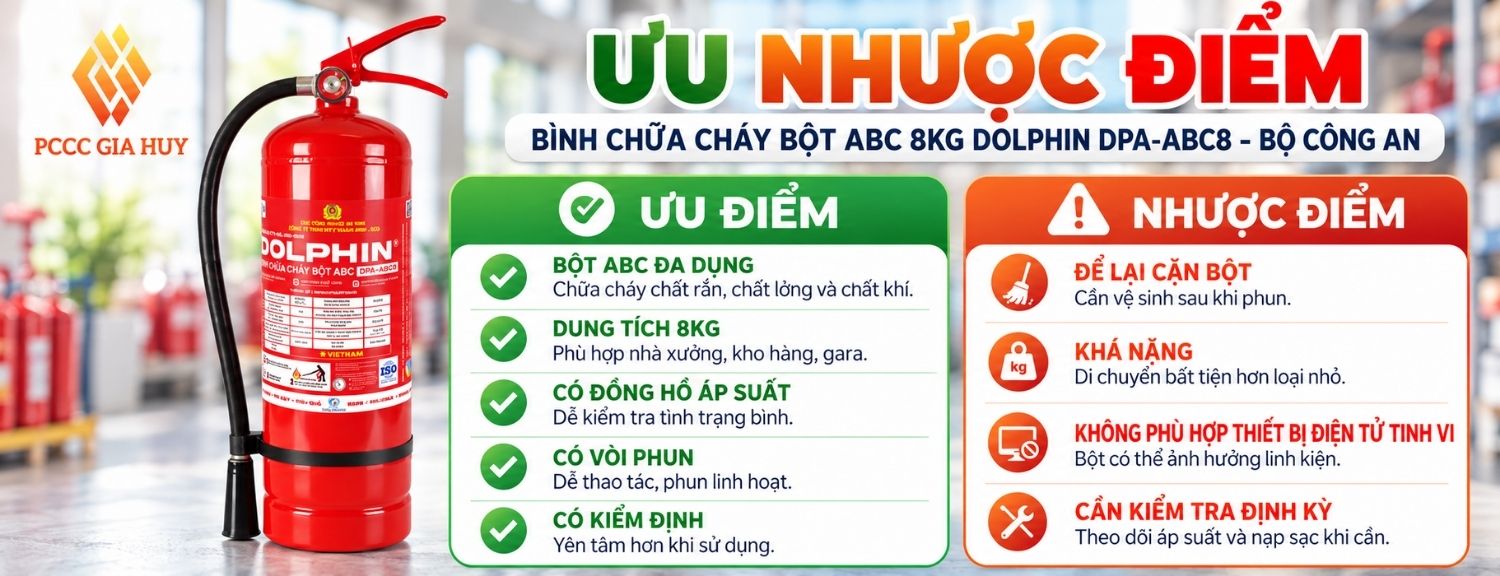 Ưu điểm và giới hạn bình chữa cháy bột ABC 8kg Dolphin DPA-ABC8