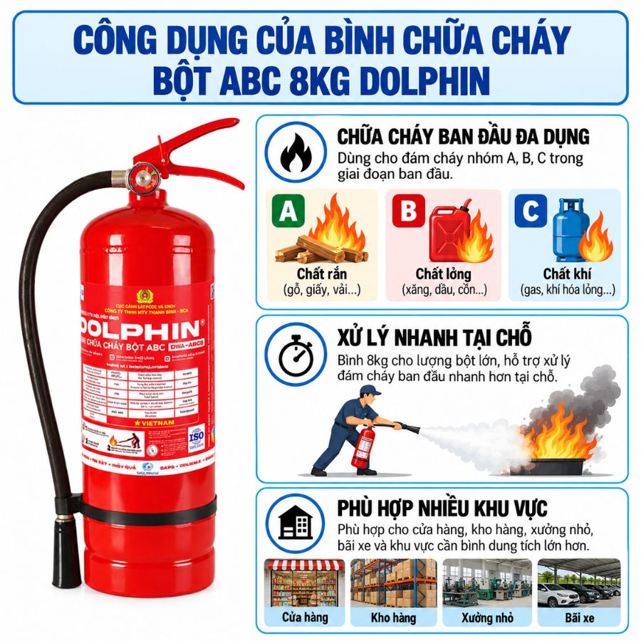 Bình chữa cháy bột ABC 8kg Dolphin DPA-ABC8 Bộ Công an có kiểm định