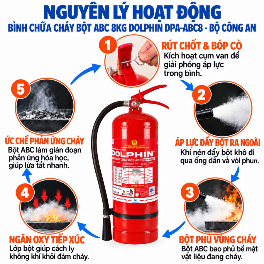 Bình chữa cháy bột ABC 8kg Dolphin DPA-ABC8 Bộ Công an có kiểm định