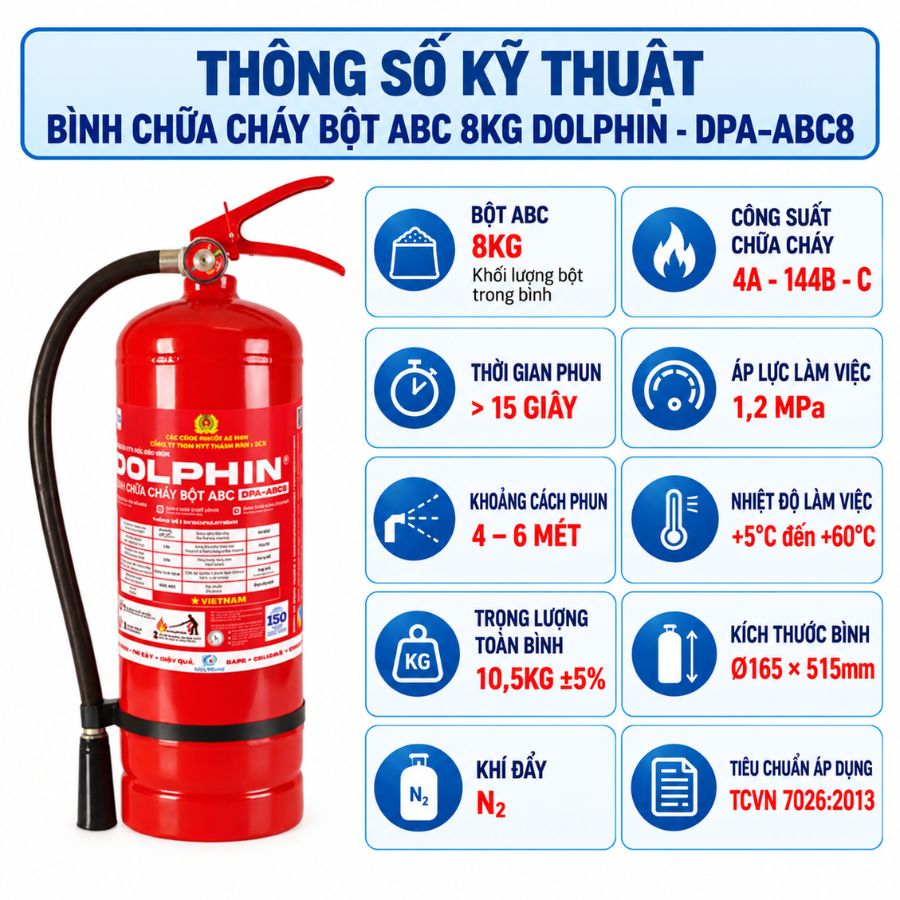 Bình chữa cháy bột ABC 8kg Dolphin DPA-ABC8 Bộ Công an có kiểm định