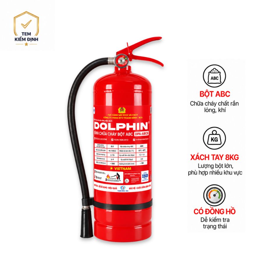 Bình chữa cháy bột ABC 8kg Dolphin DPA-ABC8 Bộ Công an có kiểm định