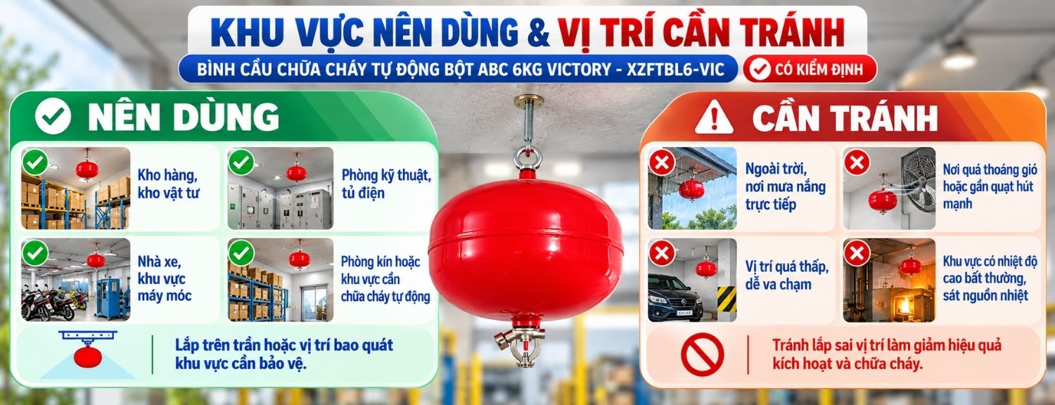 Khu vực phù hợp và vị trí cần tránh khi lắp bình cầu chữa cháy Victory XZFTBL6-VIC