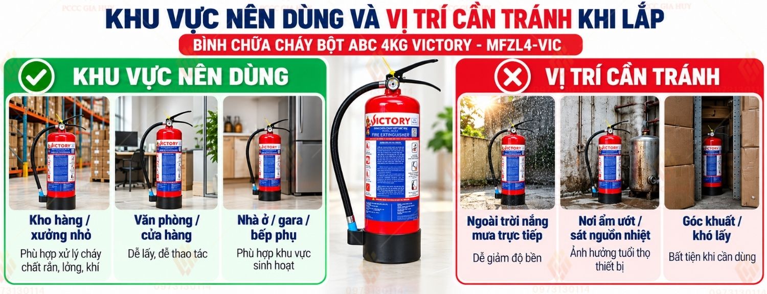 Khu vực phù hợp và vị trí cần tránh khi đặt bình chữa cháy Victory MFZL4-VIC
