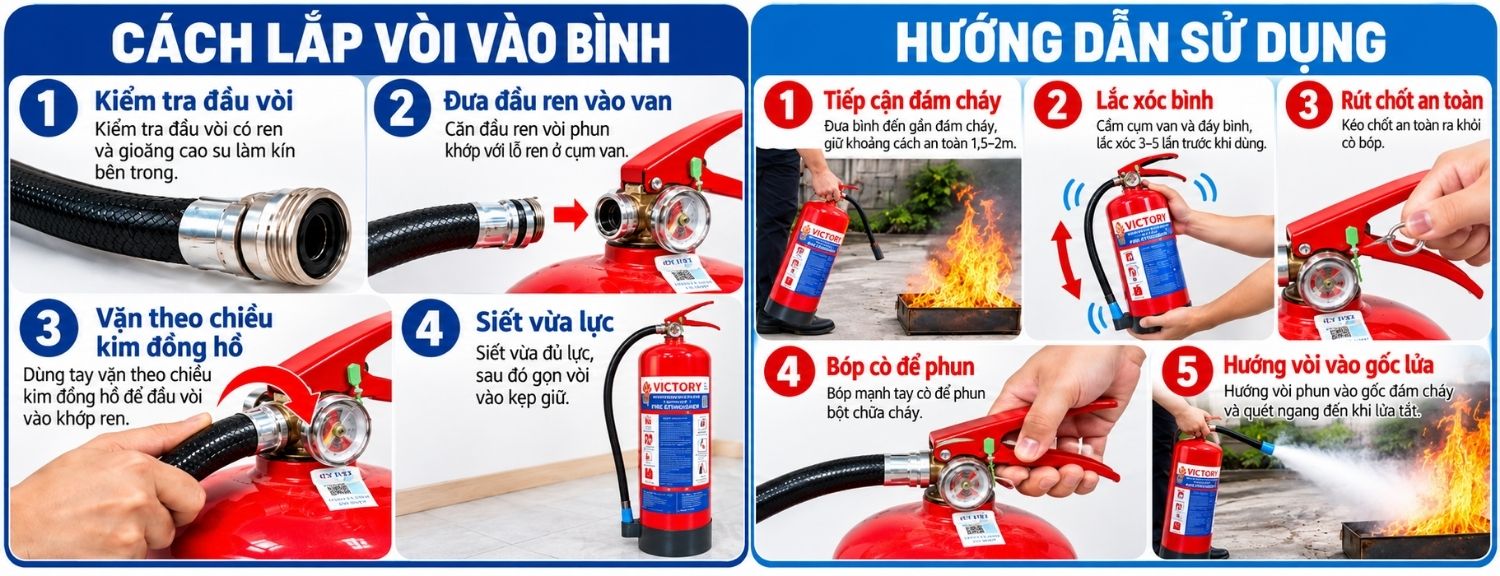 Cách lắp vòi vào bình và hướng dẫn sử dụng bình chữa cháy bột ABC 8kg Victory MFZL8-VIC