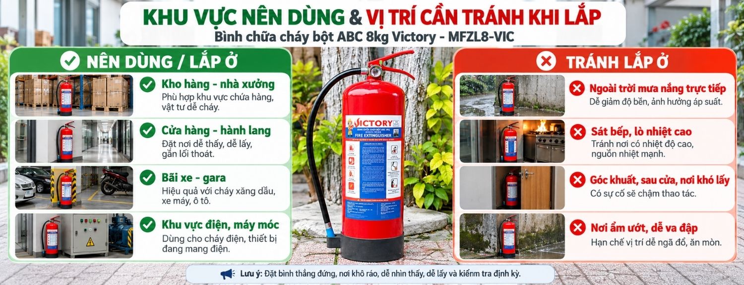 Khu vực phù hợp và vị trí cần tránh khi đặt bình chữa cháy Victory MFZL8-VIC