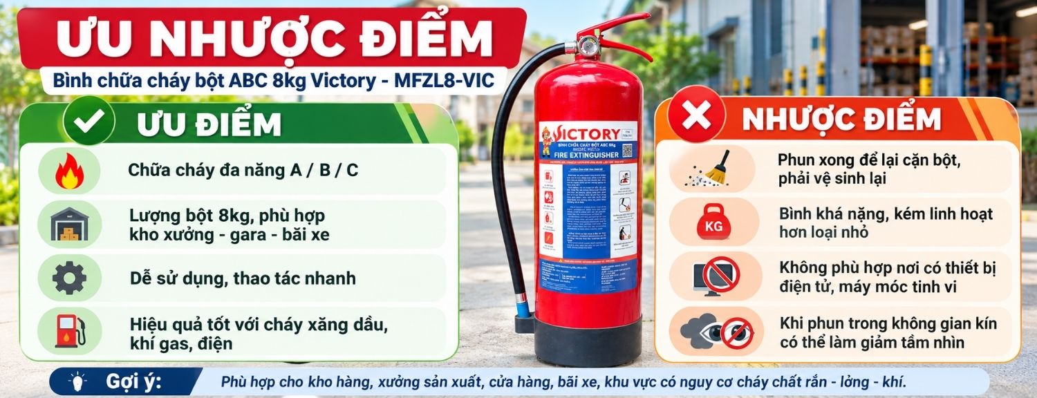 Ưu điểm và giới hạn bình chữa cháy bột ABC 8kg Victory MFZL8-VIC
