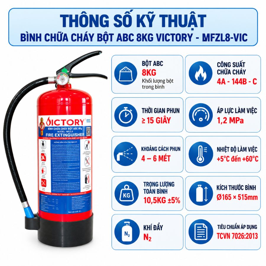 Bình chữa cháy bột ABC 8kg Victory MFZL8-VIC có kiểm định