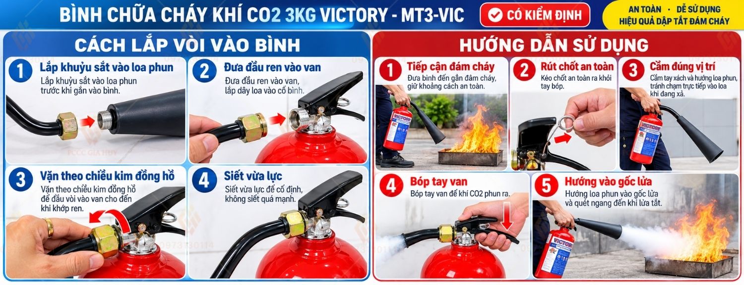 Cách lắp loa phun vào bình và hướng dẫn sử dụng bình chữa cháy khí CO₂ 3kg Victory MT3-VIC