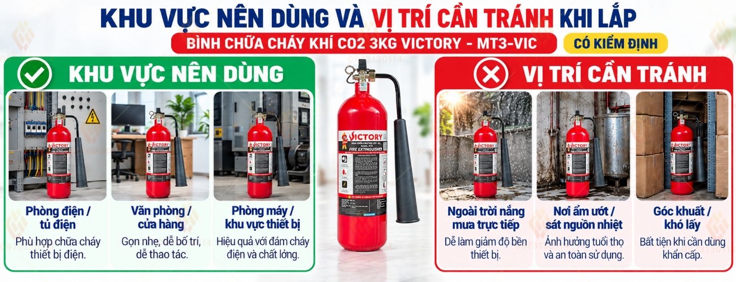 Khu vực phù hợp và vị trí cần tránh khi đặt bình chữa cháy Victory MT3-VIC