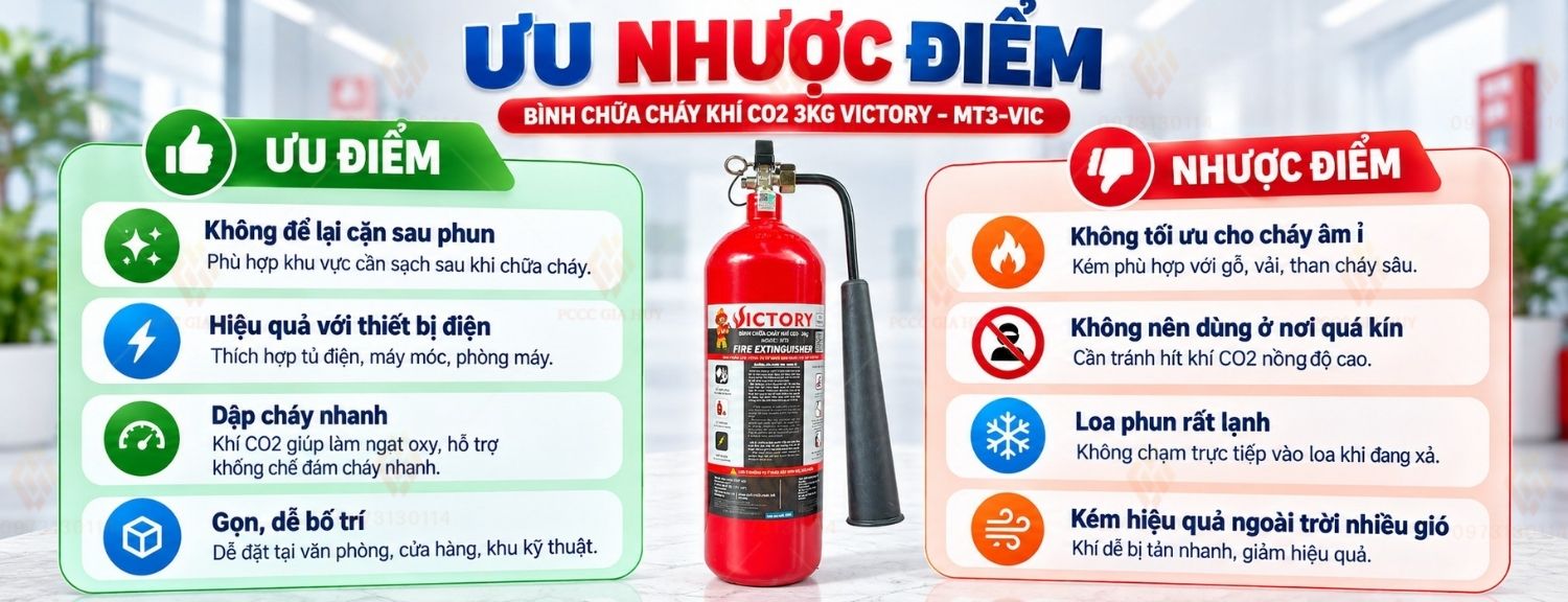 Ưu điểm và giới hạn bình chữa cháy khí CO₂ 3kg Victory MT3-VIC