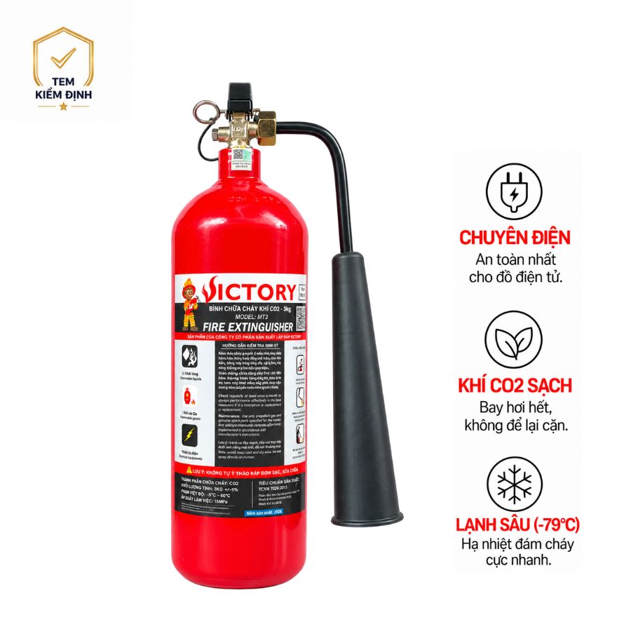 Bình chữa cháy khí CO₂ 3kg Victory MT3-VIC có kiểm định