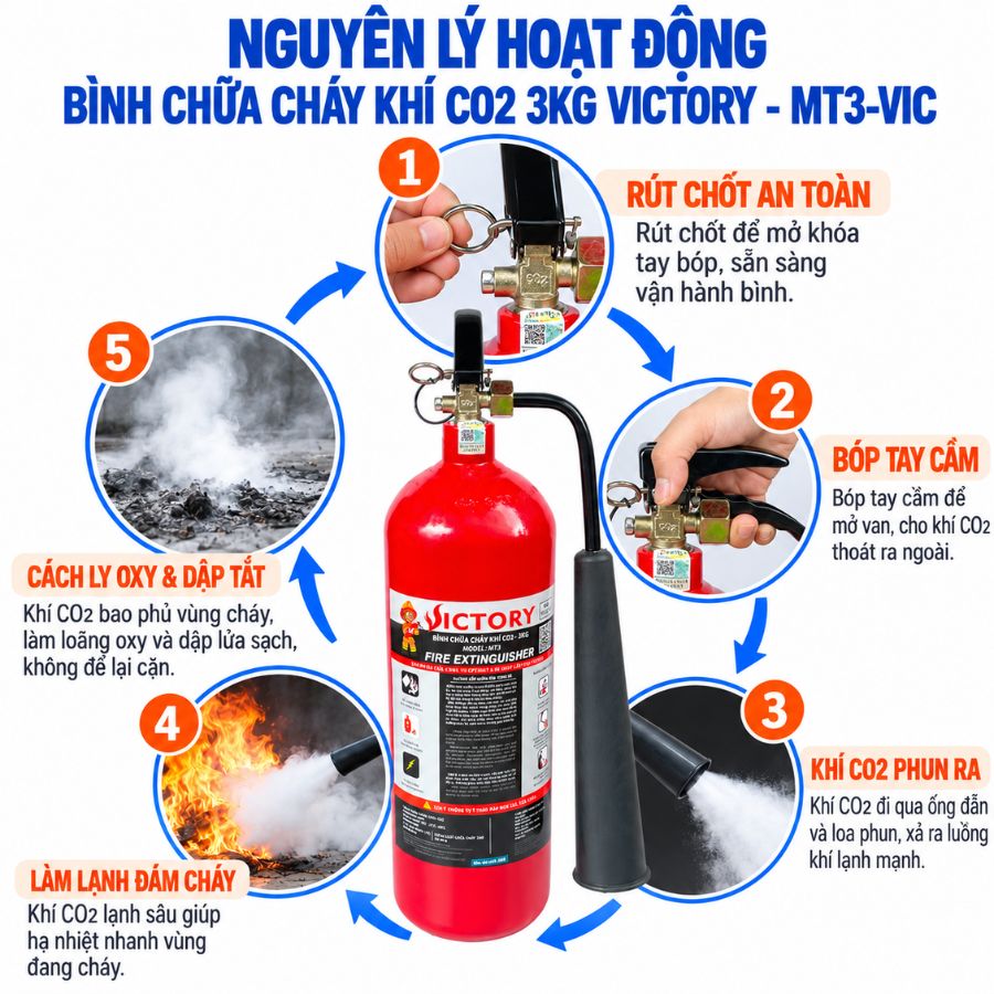Bình chữa cháy khí CO₂ 3kg Victory MT3-VIC có kiểm định