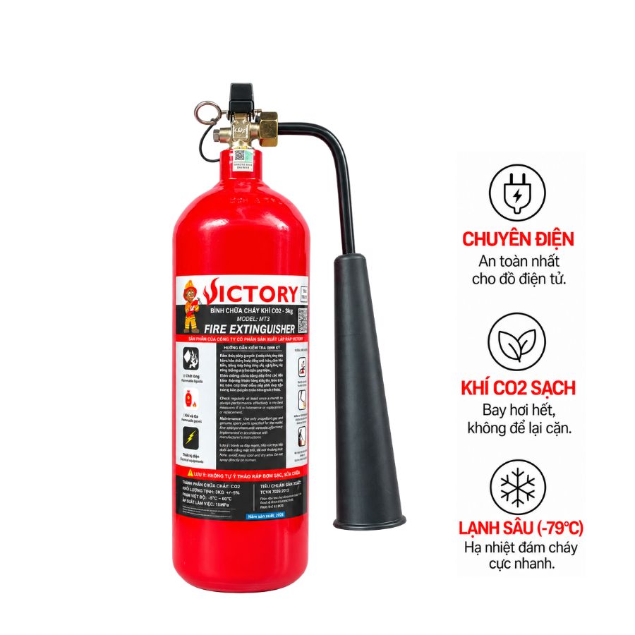 Bình chữa cháy khí CO₂ 3kg Victory MT3-VIC có kiểm định