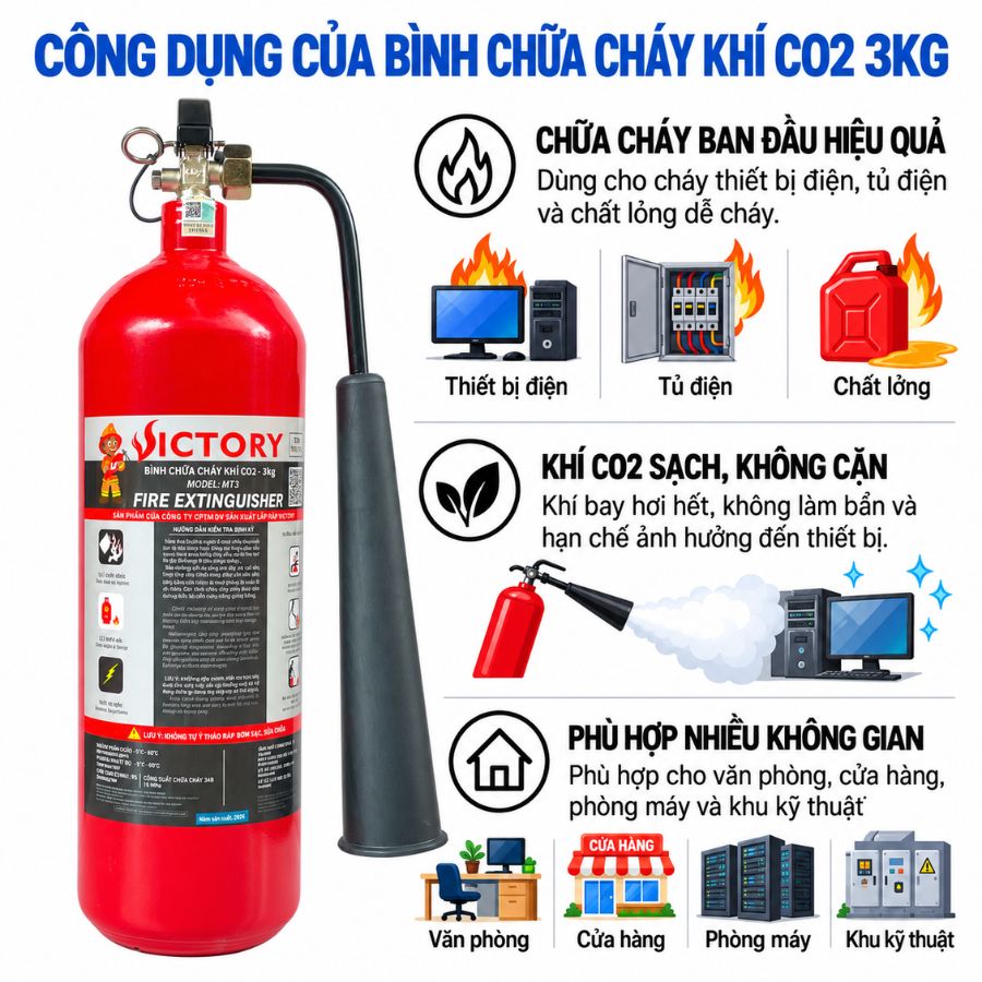 Bình chữa cháy khí CO₂ 3kg Victory MT3-VIC có kiểm định