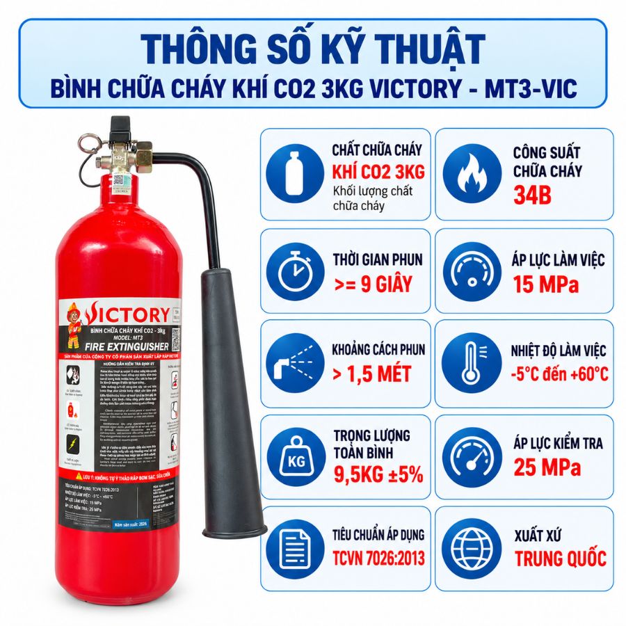 Bình chữa cháy khí CO₂ 3kg Victory MT3-VIC có kiểm định
