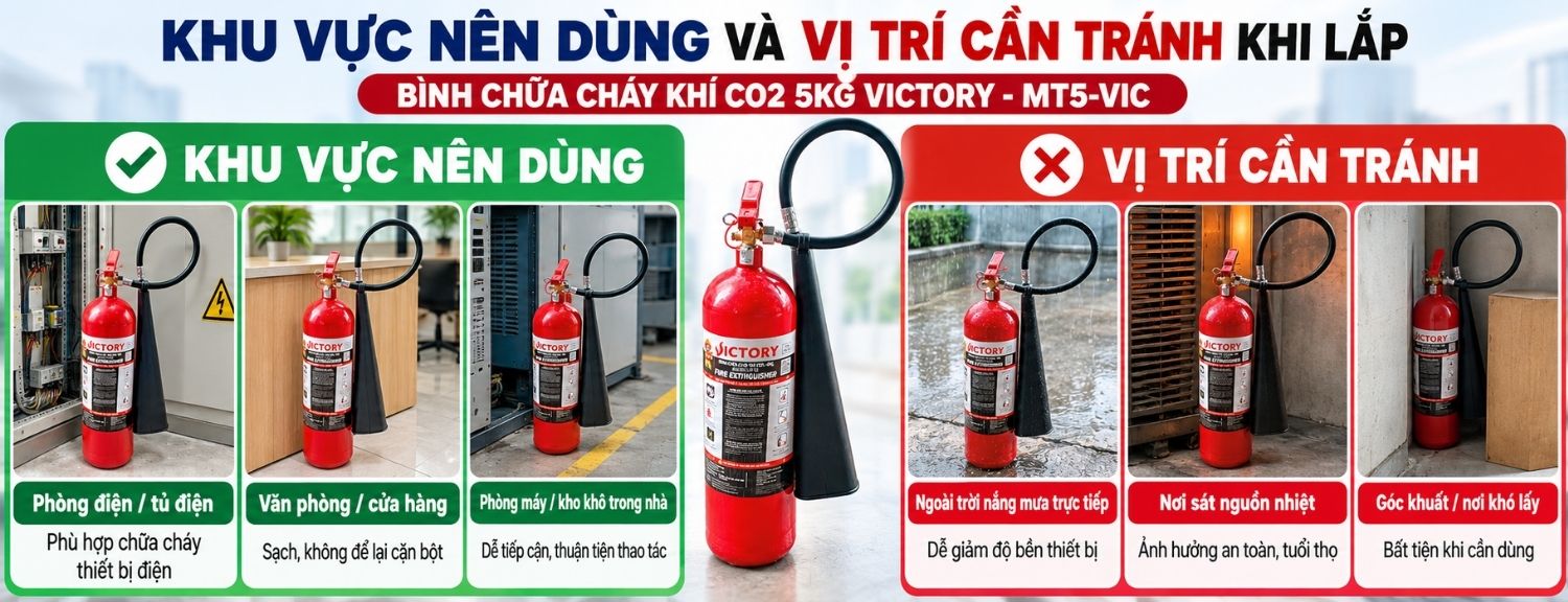 Khu vực phù hợp và vị trí cần tránh khi đặt bình chữa cháy Victory MT5-VIC