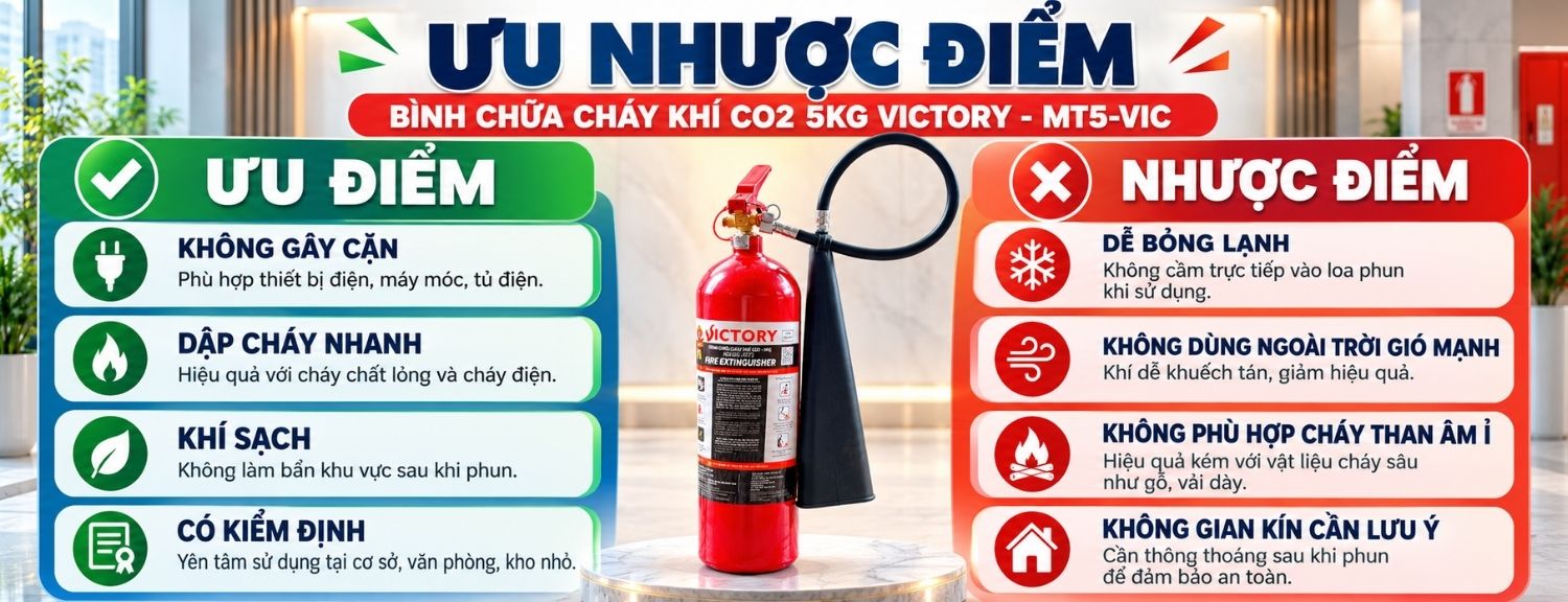 Ưu điểm và giới hạn bình chữa cháy khí CO₂ 5kg Victory MT5-VIC