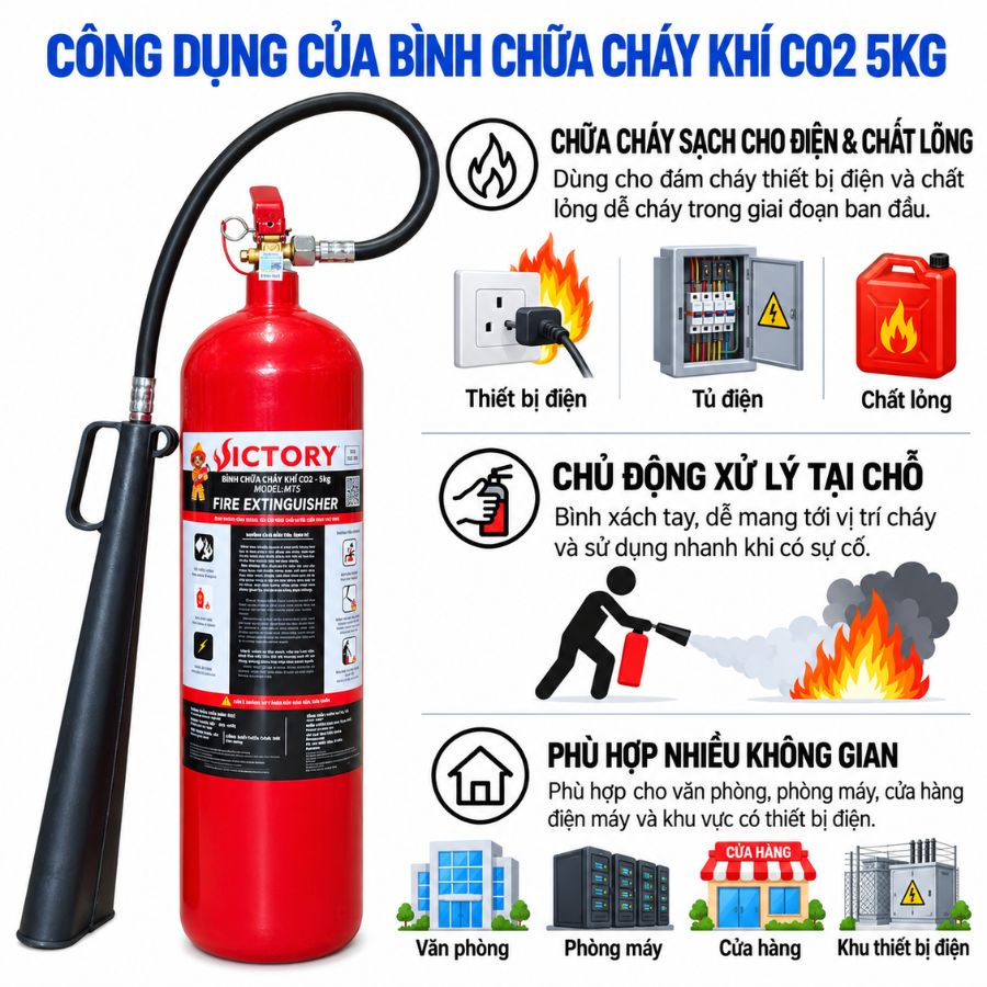 Bình chữa cháy khí CO₂ 5kg Victory MT5-VIC có kiểm định
