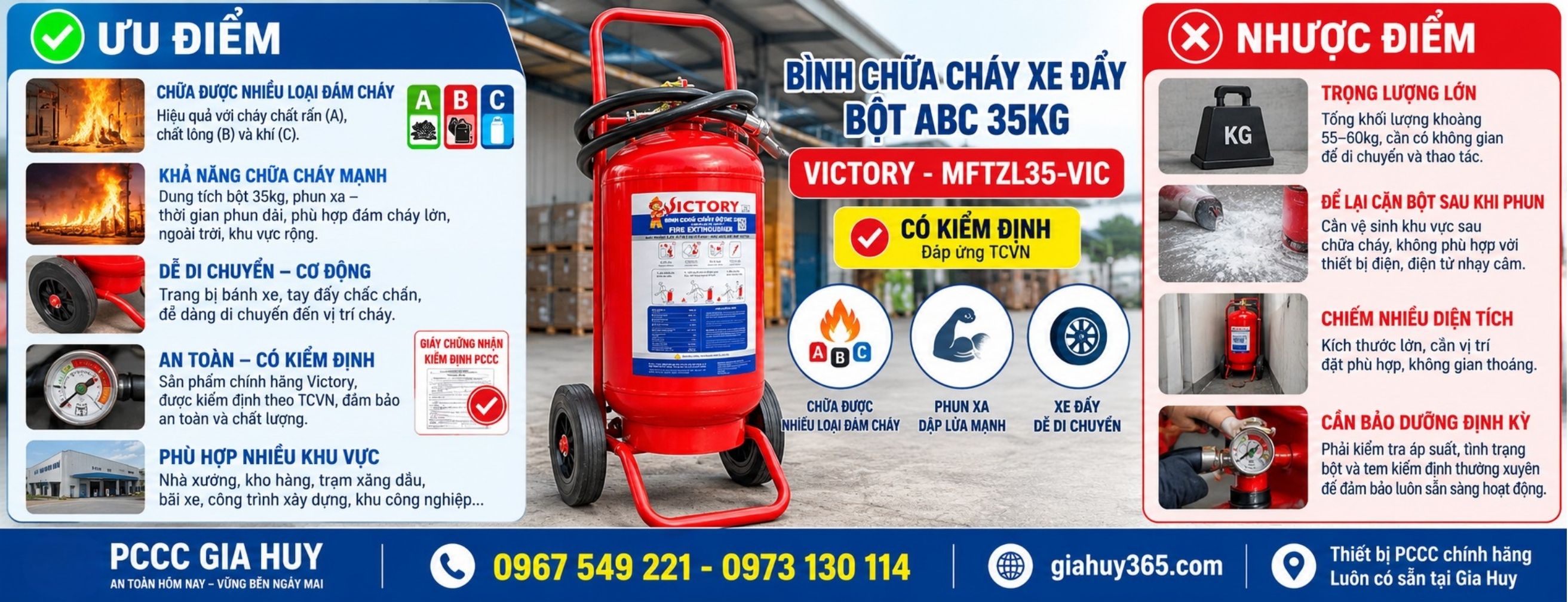 Ưu điểm và giới hạn bình chữa cháy xe đẩy bột ABC 35kg Victory MFTZL35-VIC