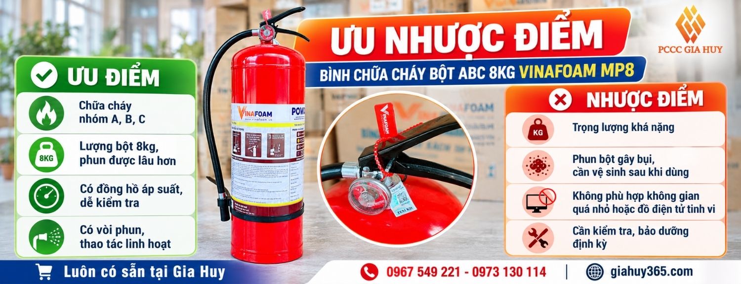 Ưu điểm và giới hạn bình chữa cháy bột ABC 8kg Vinafoam MP8