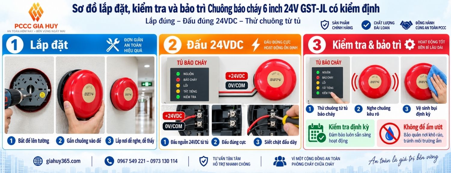 Sơ đồ lắp đặt kiểm tra và bảo trì chuông báo cháy GST-JL