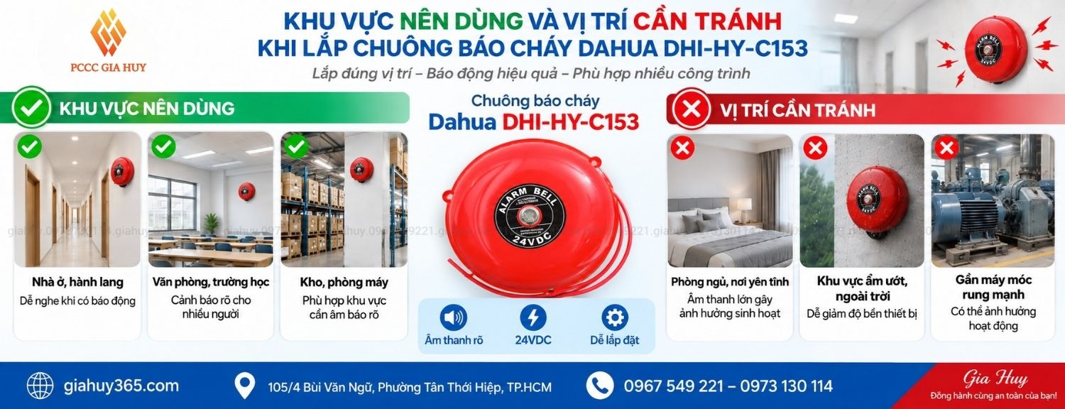Khu vực sử dụng và vị trí lắp chuông báo cháy Dahua DHI-HY-C153