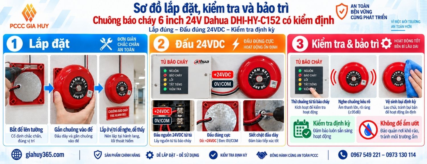 Sơ đồ lắp đặt kiểm tra và bảo trì chuông báo cháy Dahua DHI-HY-C152