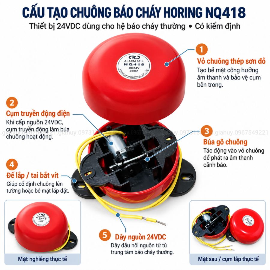 Chuông báo cháy 4 inch 24V Horing NQ418 có kiểm định