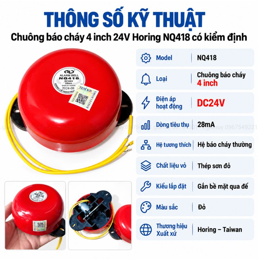 Chuông báo cháy 4 inch 24V Horing NQ418 có kiểm định