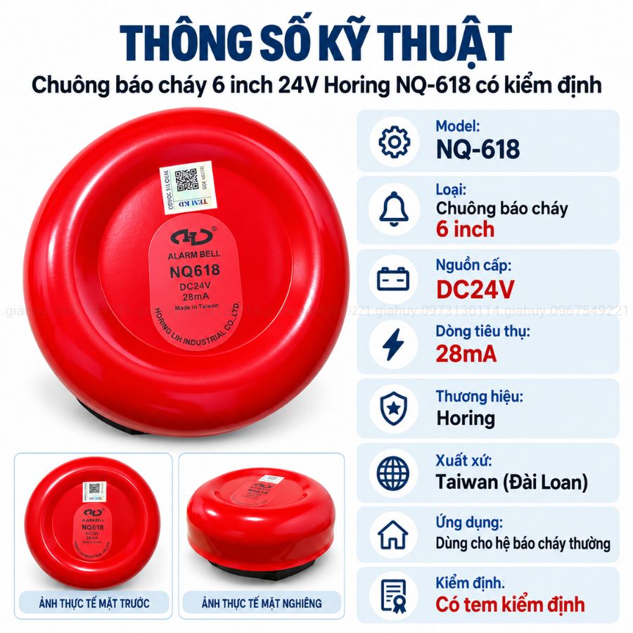 Chuông báo cháy 6 inch 24V Horing NQ-618 có kiểm định