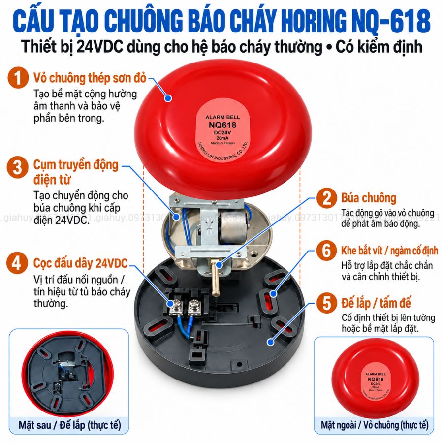 Chuông báo cháy 6 inch 24V Horing NQ-618 có kiểm định