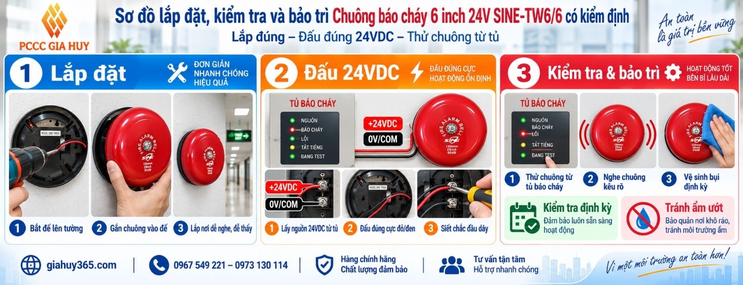 Sơ đồ lắp đặt kiểm tra và bảo trì chuông báo cháy 6 inch SINE-TW6/6 24VDC