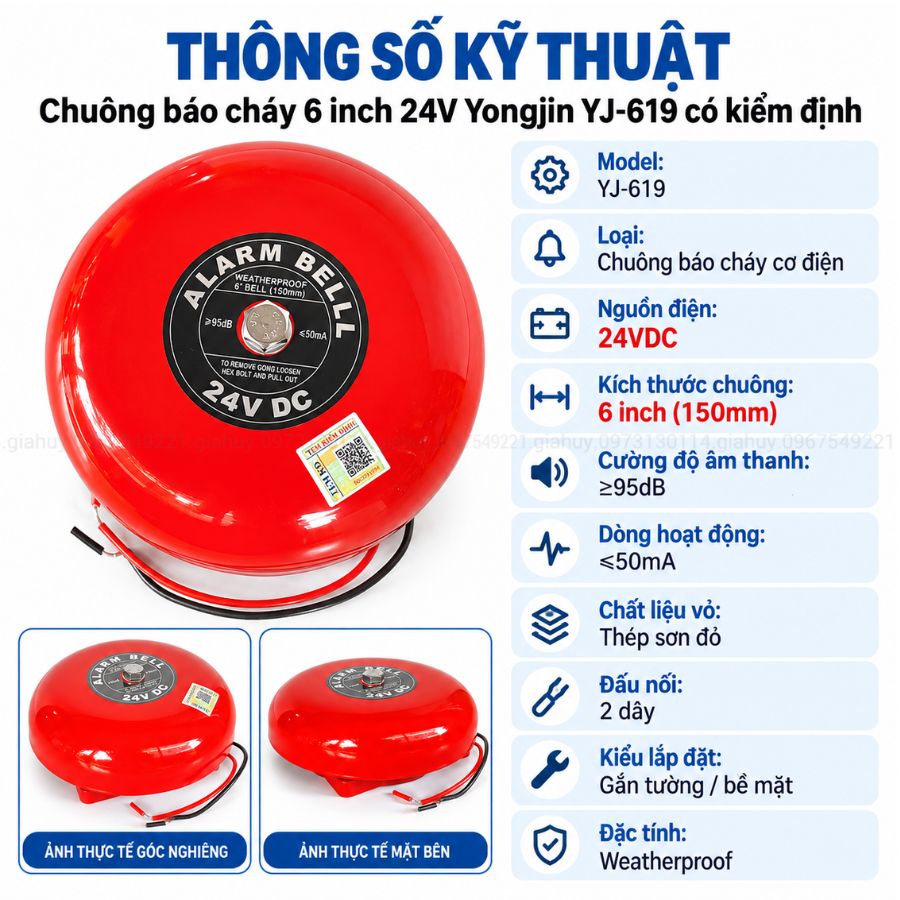 Chuông báo cháy 6 inch 24V Yongjin YJ-619 có kiểm định