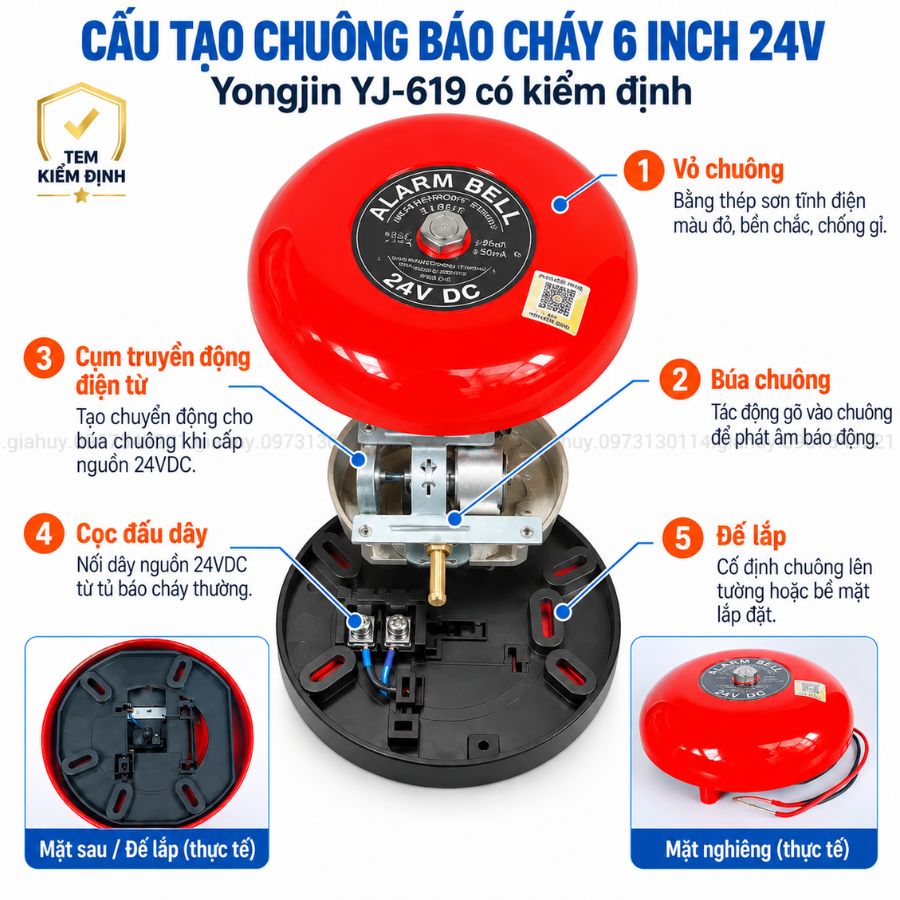 Chuông báo cháy 6 inch 24V Yongjin YJ-619 có kiểm định