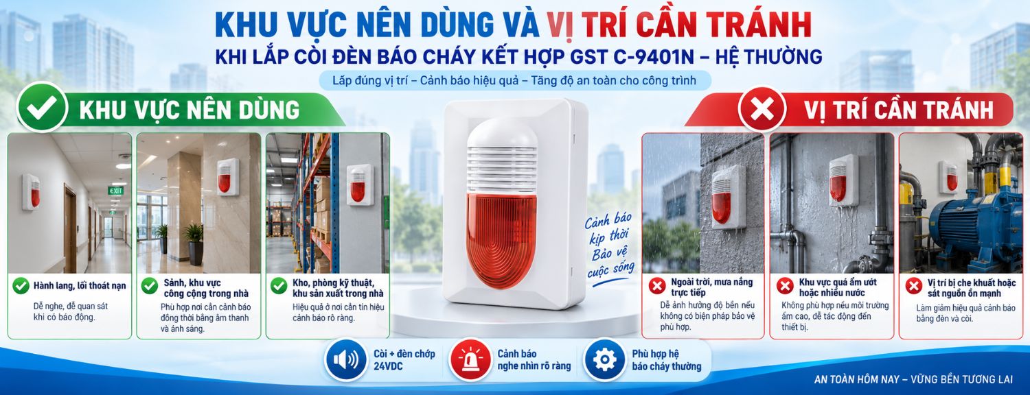 Khu vực phù hợp lắp còi đèn báo cháy GST C-9401N
