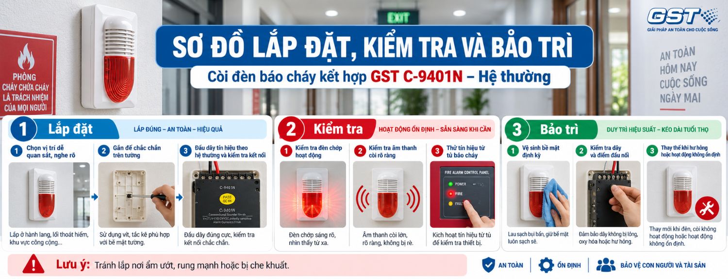 Lắp đặt kiểm tra và bảo trì còi đèn báo cháy GST C-9401N