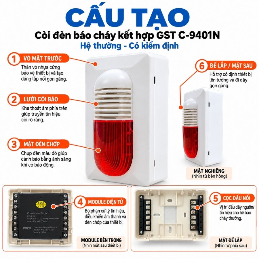 Còi đèn báo cháy kết hợp GST C-9401N - Hệ thường