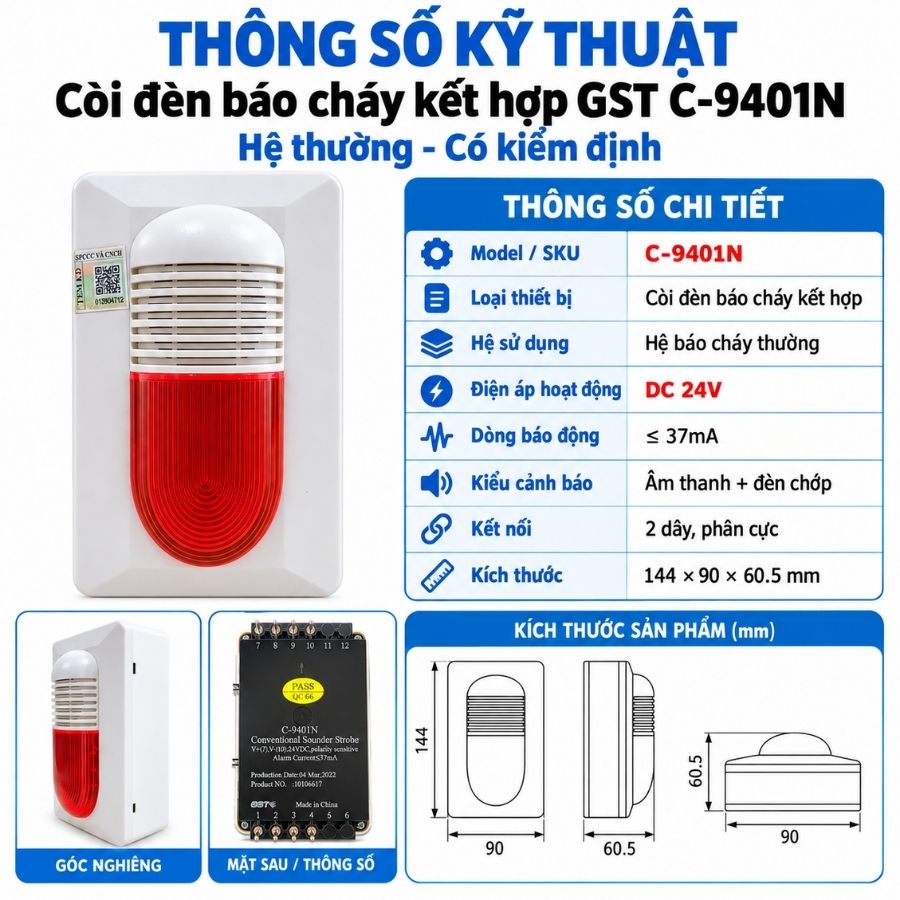 Còi đèn báo cháy kết hợp GST C-9401N - Hệ thường