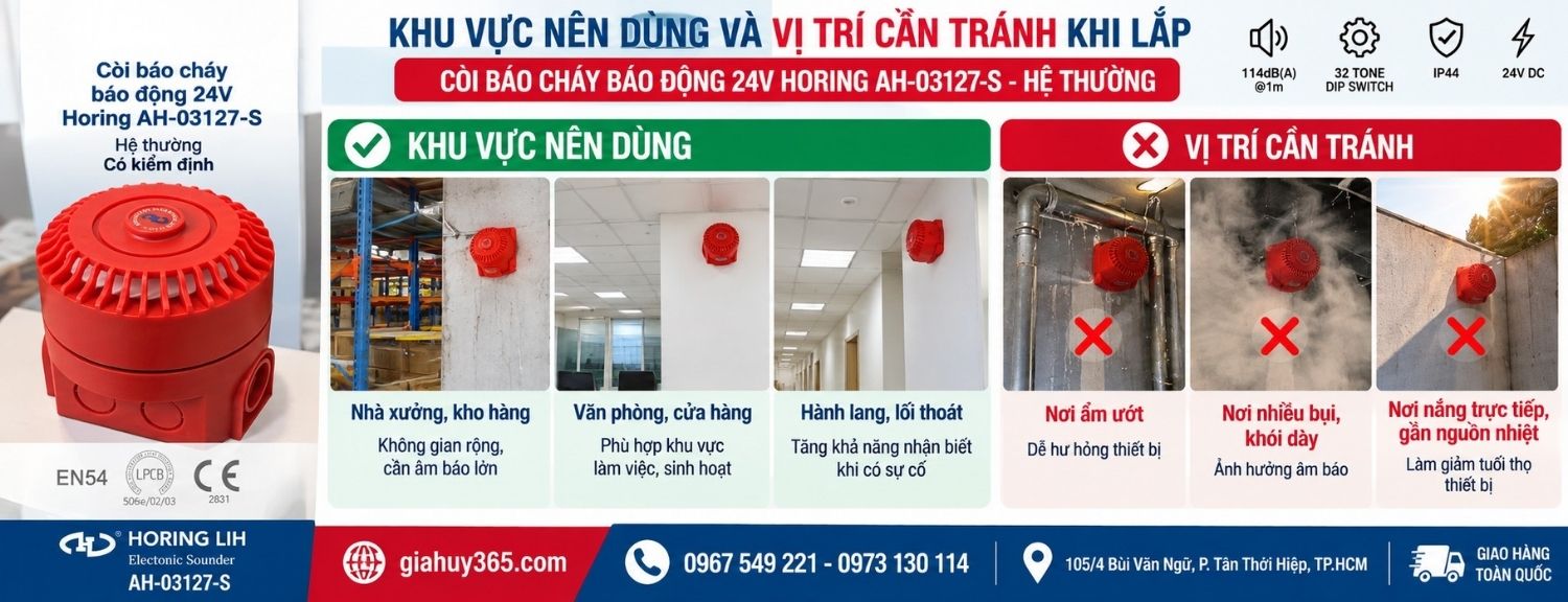 Khu vực phù hợp lắp còi báo cháy Horing AH-03127-S