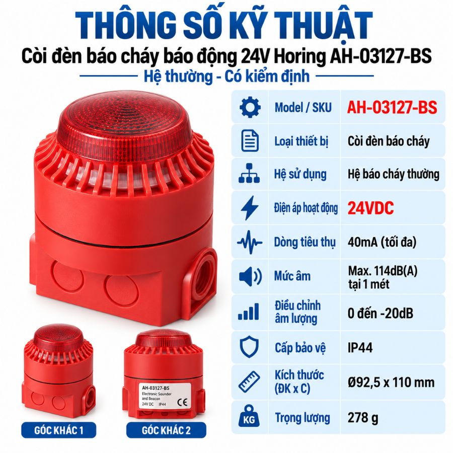 Còi đèn báo cháy báo động 24V Horing AH-03127-BS – Hệ thường