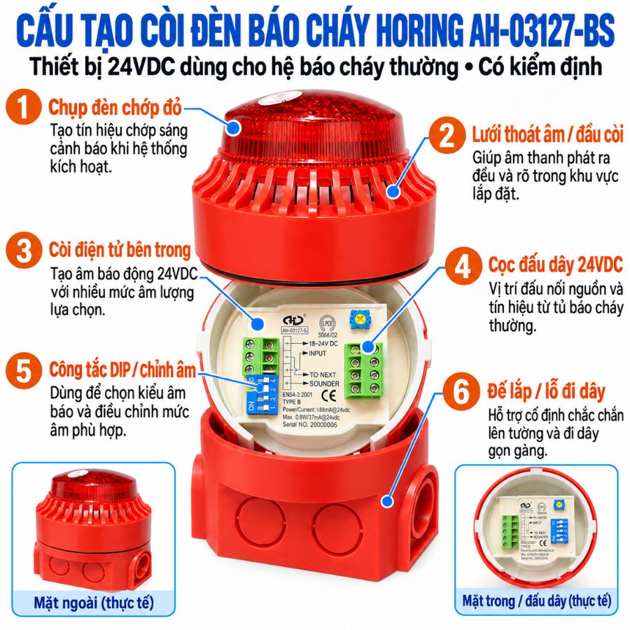 Còi đèn báo cháy báo động 24V Horing AH-03127-BS – Hệ thường