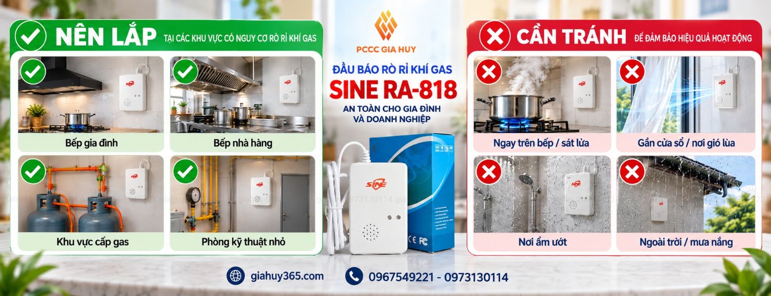 Vị trí nên lắp và nơi cần tránh khi  lắp đầu báo rò rỉ khí gas SINE RA-818