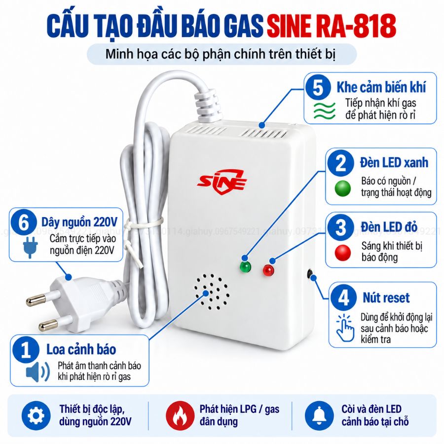 Đầu báo rò rỉ khí gas SINE RA-818 độc lập – Nguồn 220V