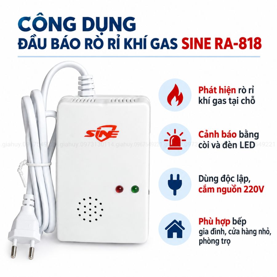 Đầu báo rò rỉ khí gas SINE RA-818 độc lập – Nguồn 220V